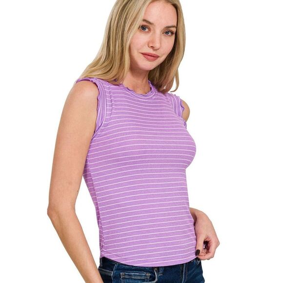 Zenana Ribbed Ruffle Trim Sleeveless Stripe Tank Top Lavendar Large - Picture 7 of 7